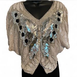Vintage 100% silk sequined and beaded cream, black, and silver butterfly top